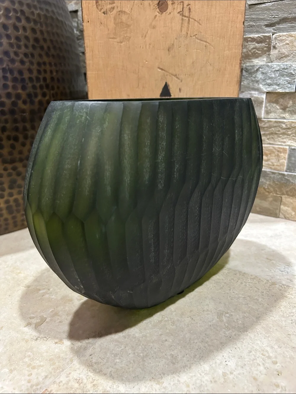 Reptilia frosted olive-green ribbed glass vase